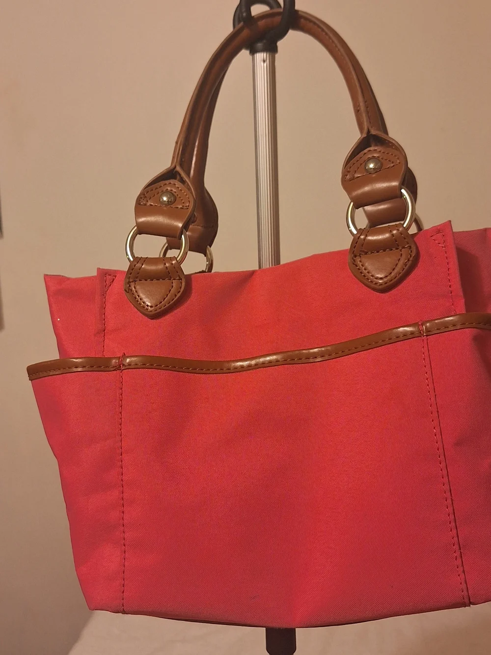 Tyler Rodan Coral Canvas Tote with Tan Trim and Multicolor Tag (13.5 X 8.5 X 4.5